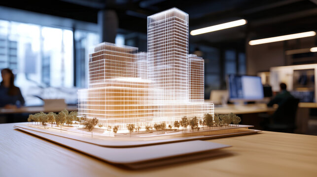 detailed architectural model showcasing modern urban landscape with illuminated structures, surrounded by greenery