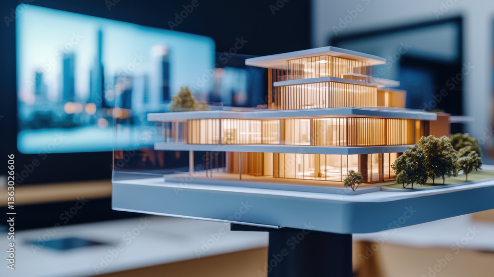 Aufkleber detailed architectural model showcasing modern building design with illuminated features and surroun