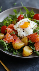 Smoked salmon salad with potatoes and poached egg 