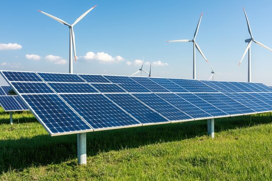 The image shows solar panels in a green field with wind turbines in the background, illustrating renewable energy sources and sustainable technology.