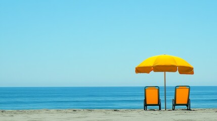 Scenic beach setting with two wooden deck chairs under a large sun umbrella on the sandy shore, overlooking the calm ocean waves. Peaceful and relaxing summer vacation concept.