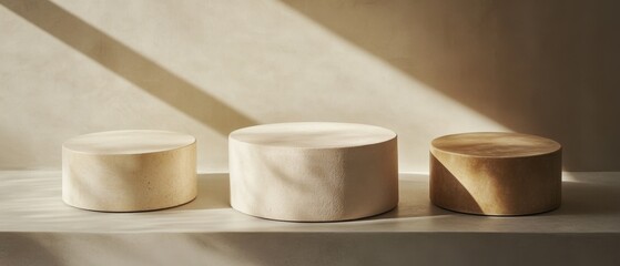 Minimalist beige podiums display with soft sunlight casting shadows on a textured wall in a serene studio setting for product showcase