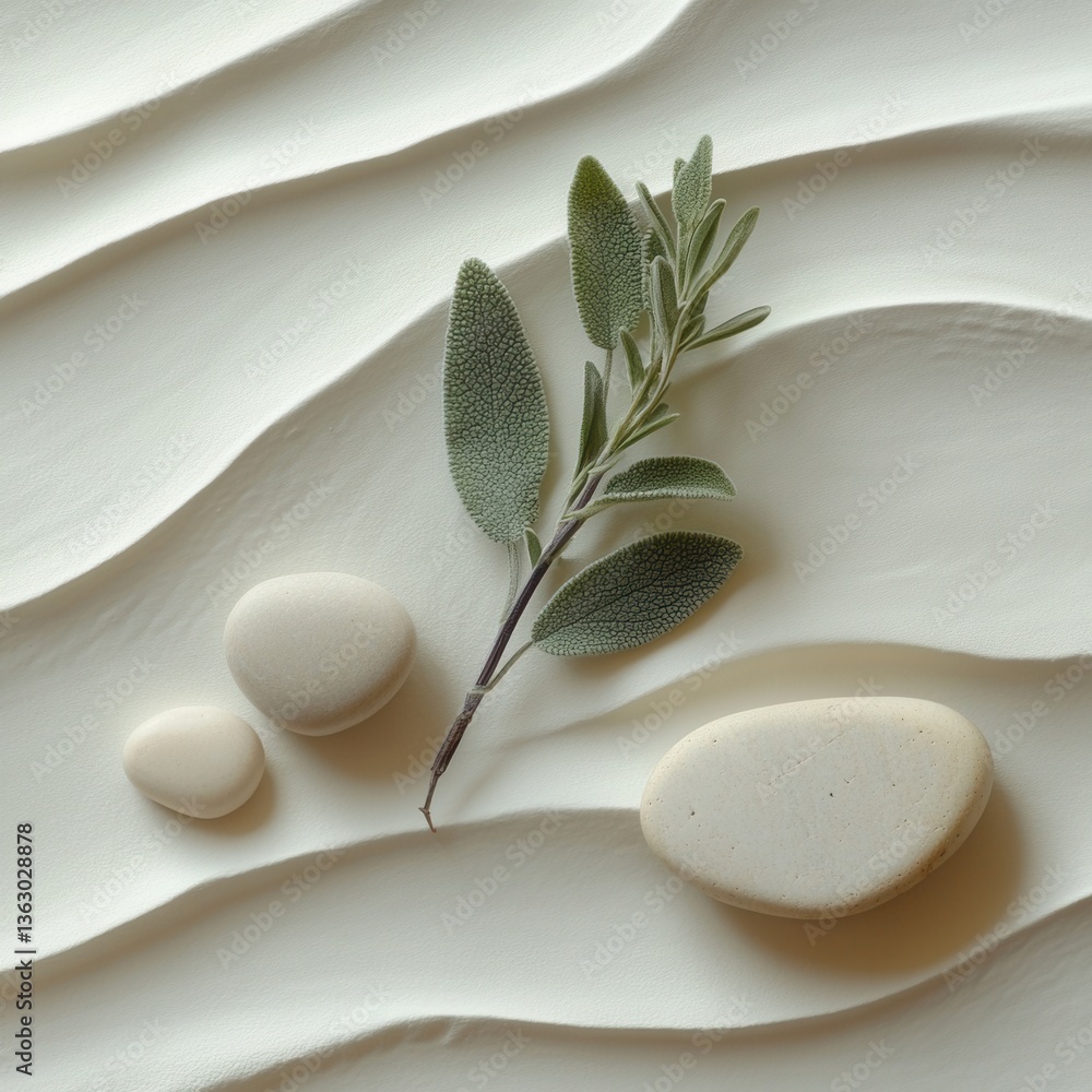 Aufkleber serene composition of smooth stones sage branch on a textured white surface creating a calming zen l