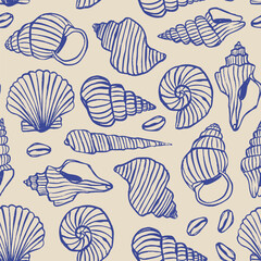 Various Seashells set. Different shapes. Outline modern style. Summer, vacation, ocean, beach concept. Hand drawn trendy Vector illustration. Square seamless Pattern, background, wrapping paper