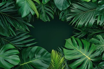 Fototapeta premium Lush green tropical leaves frame a dark background, creating a natural and serene atmosphere, ideal for nature-themed designs or eco-friendly concepts.