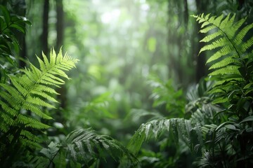 Lush green ferns thrive in a misty forest, creating a tranquil and vibrant atmosphere amidst the dense foliage.