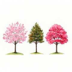 Three beautifully illustrated trees: a pink flowering tree, a green conifer, and a vibrant pink autumnal tree, showcasing the diversity of nature.