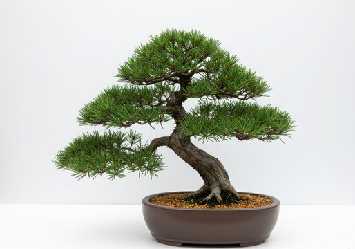 A bonsai tree with green foliage in a brown pot against a plain white background in a studio setting