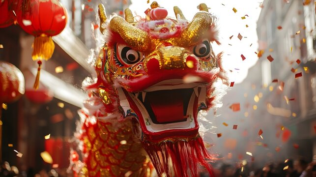 The Auspicious Dragon: Experience the grandeur of a traditional Chinese dragon, its vibrant colors and intricate design commanding attention during a lively street celebration.