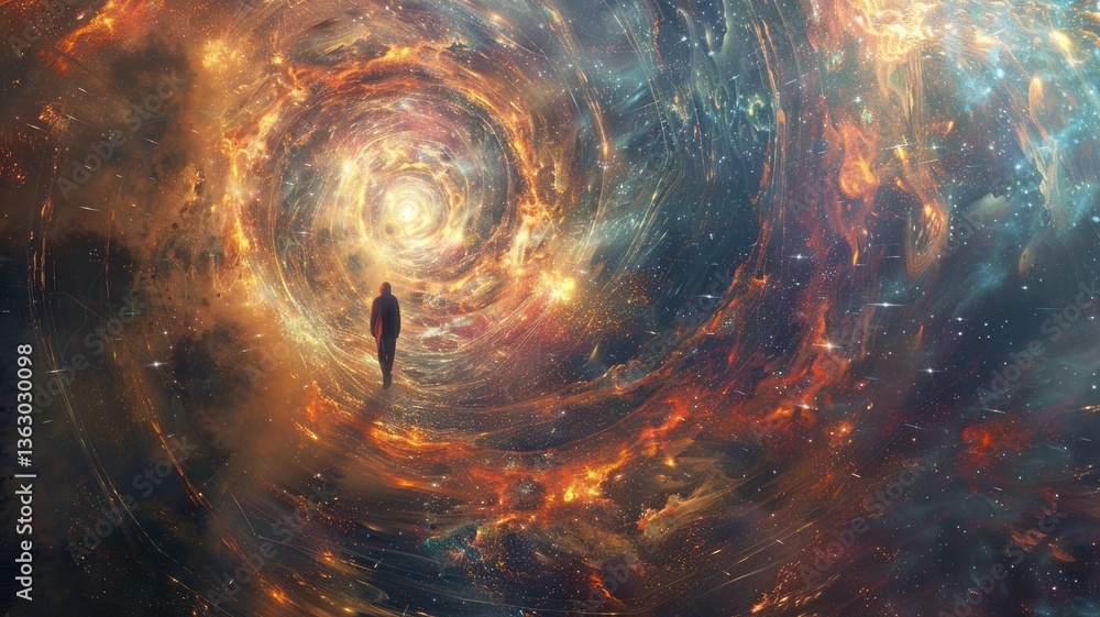 Poster abstract cosmic scene with swirling colors and celestial elements. digital artwork of planet and clo