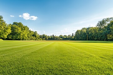 A vibrant green field under a clear blue sky, bordered by lush trees, creating a serene and inviting outdoor space.