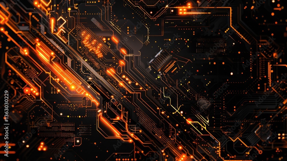 Poster glowing orange circuit board with detailed lines and patterns on a dark background. digital art for 
