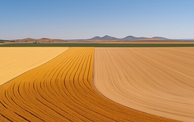 Fototapeta premium Aerial view of vibrant, patterned agricultural fields featuring contrasting colors of golden wheat and light brown soil under a clear blue sky.