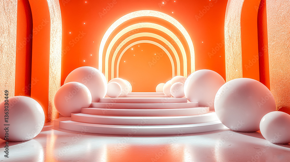Poster large archway with white balls and a red background. the archway is curved and the balls are scatter