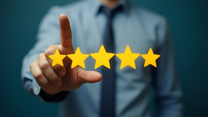 Client Shows Five Star Rating with Hand Gesture for Satisfaction Concept