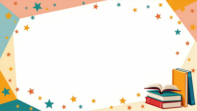 International Childrens Book Day themed geometric border with stars and books providing space for quotes concept as Geometric book day frame featuring stars and books with space for quotes in  Photo S