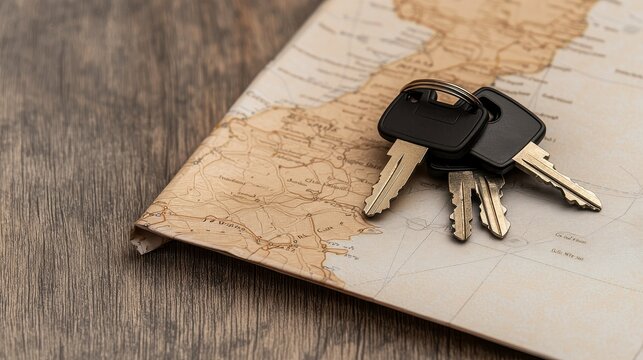 Road trip essentials car keys on a travel map adventure planning travel inspiration outdoor close-up journey - Powered by Adobe