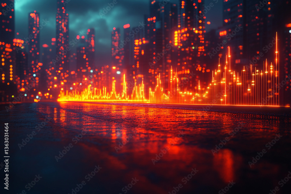 Poster a futuristic cityscape featuring holographic graphs and charts generated with ai