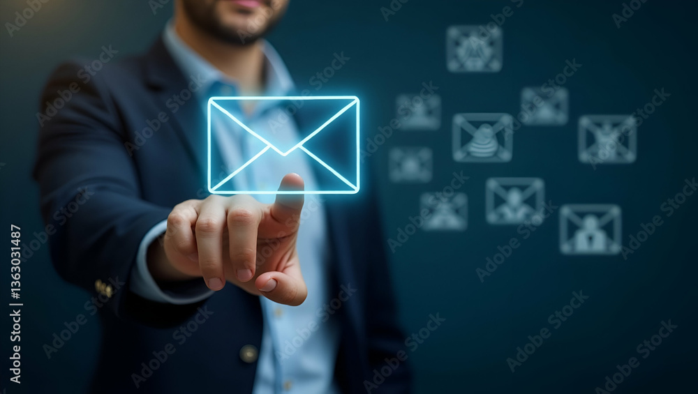 Poster new email notification interaction concept person interacting with floating digital interface showin
