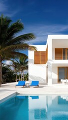 Fototapeta premium A modern villa with a pristine pool, surrounded by palm trees and clear blue skies, perfect for relaxation and leisure.