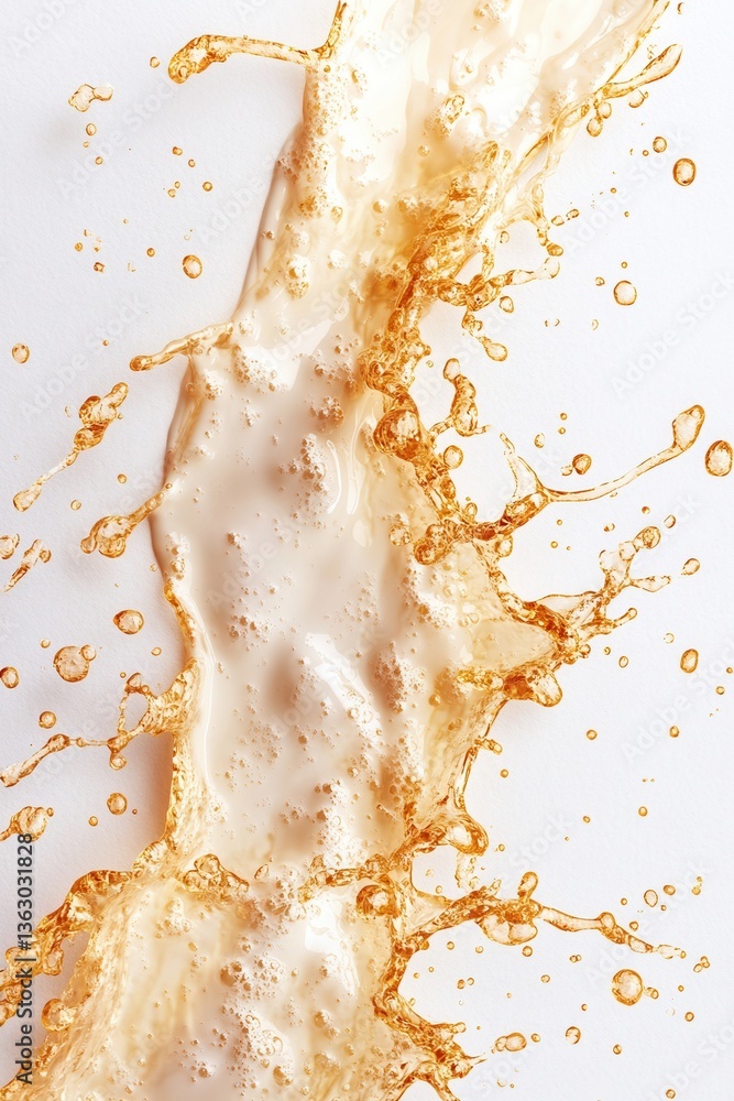 Poster dynamic amber liquid splash on white backdrop creating abstract patterns and textures for beverage c