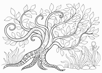Beautiful abstract tree for design element and adult coloring book pages. Vector illustration