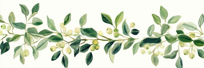 Whimsical Mistletoe Border: Vintage Holiday Illustration of Festive Green Garland in Watercolor Style