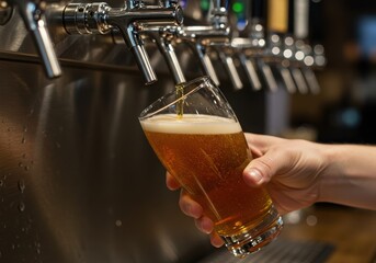 Pouring a glass of beer from a tap with a hand holding the glass in a bar environment setting