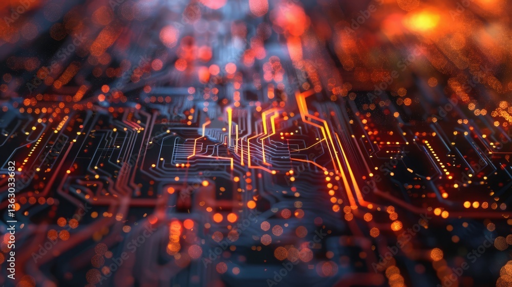 Poster glowing orange circuit board with detailed lines and patterns on a dark background. digital art for 