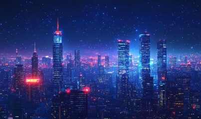 Fototapeta premium a stunning cityscape with modern skyscrapers glowing in vibrant hues under a starry night sky