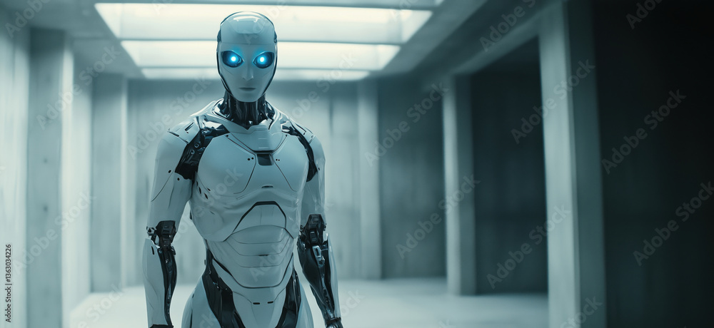 Poster futuristic humanoid robot with glowing blue eyes, sleek design, standing in minimalistic environment