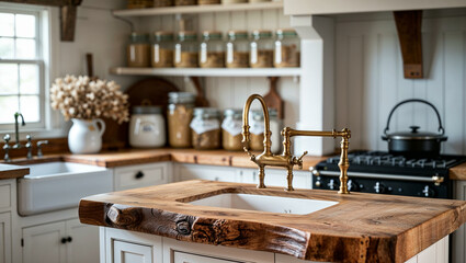 A cozy farmhouse kitchen featuring a thick, hand-hewn wooden countertop with a distressed finish. White shaker cabinets, an apron-front sink, and a vintage-inspired brass faucet complete the timeless 