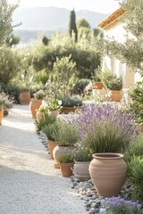 Serene mediterranean garden with lavender and terracotta pots in a sunlit gravel path landscape with olive trees and distant mountains