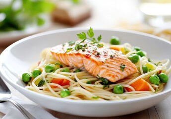 Delicious salmon fillet served on a bed of pasta with fresh vegetables and herbs in a stylish dining setting for culinary inspiration
