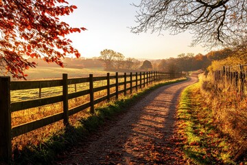 Obraz premium A serene countryside path lined with a wooden fence, bathed in warm autumn light and surrounded by vibrant foliage.