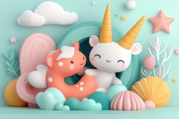 Adorable Cartoon Animals Embrace in Pastel 3D Seascape