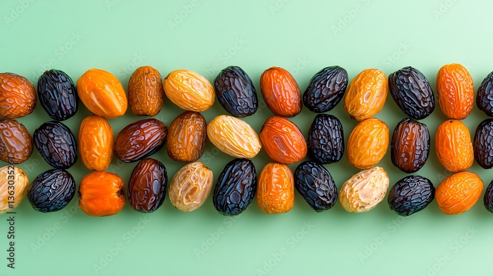 Poster assorted dried dates arranged in a line
