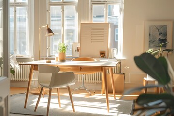 Obraz premium An office with a Scandinavian design, featuring light wood furniture, a neutral color palette, and minimalist decor.