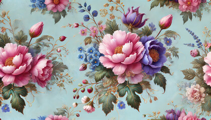 A pattern of vintage flowers in shades of pink, purple, and blue, accented with green foliage and golden outlines