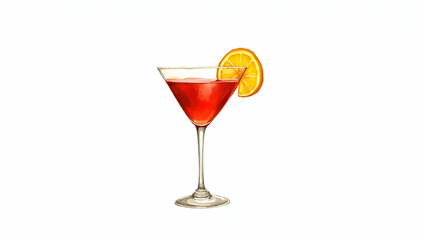 Hand Drawn Watercolor Illustration of a Negroni Glass with Orange Twist on White Background - Perfect for Photo Stock Concepts with Empty Space on Left Side