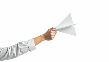 Flat Hand of woman throwing paper airplane dart style isolated on white background illustrating creativity and playful activity. concept as Hand of woman throwing paper airplane dart style isolated on