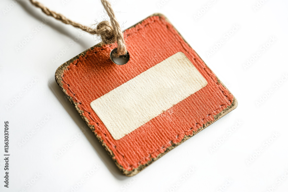 Poster tag with a white background and red border. the tag is hanging from a string. the tag is old and wor