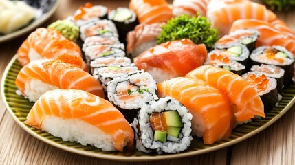 Assorted sushi platter with fresh salmon, avocado and roe served on a green plate