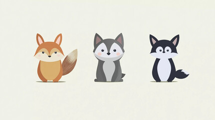 Fototapeta premium Cute cartoon animals featuring a fox, raccoon, and panda in a minimalist style
