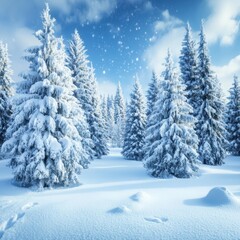 Fototapeta premium Serene winter wonderland scene of snow covered fir trees under a bright blue sky with light snowfall creating a peaceful and magical atmosphere in a forest