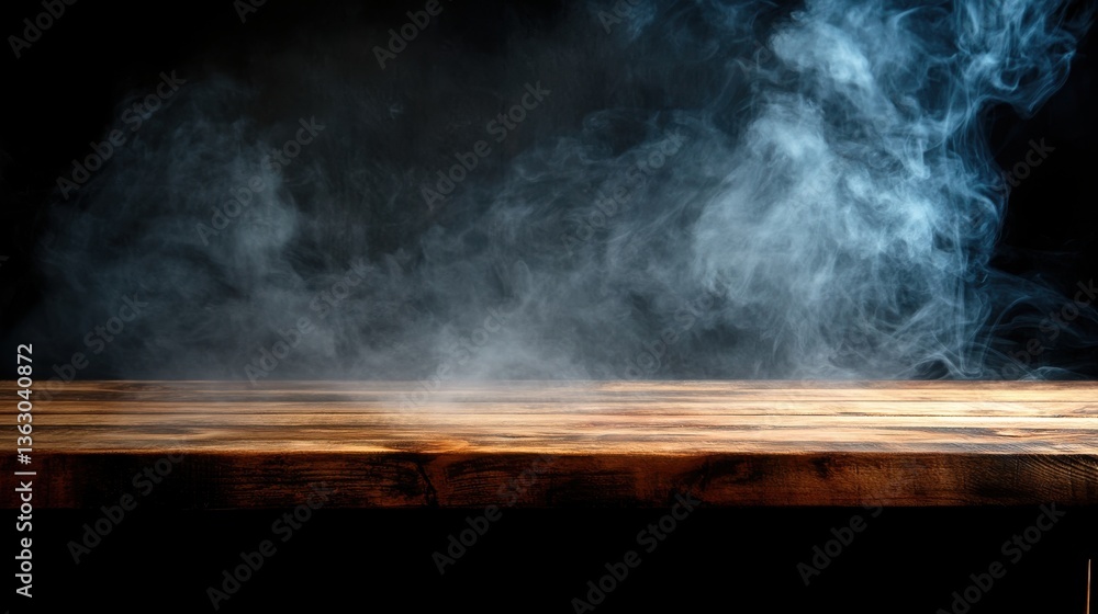 Poster empty wooden table with smoke float up on dark background.