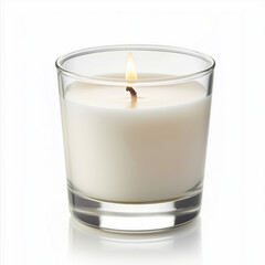 white candle in clear glass container, Isolated on white Background.