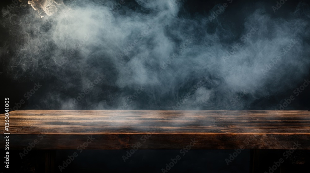 Poster empty wooden table with smoke float up on dark background.