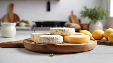 Pieces of different types of cheese on a wooden tray in a bright kitchen