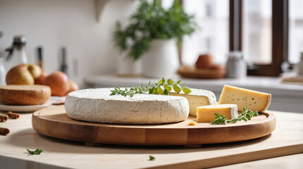 A piece of fragrant cheese on a wooden tray in a bright kitchen